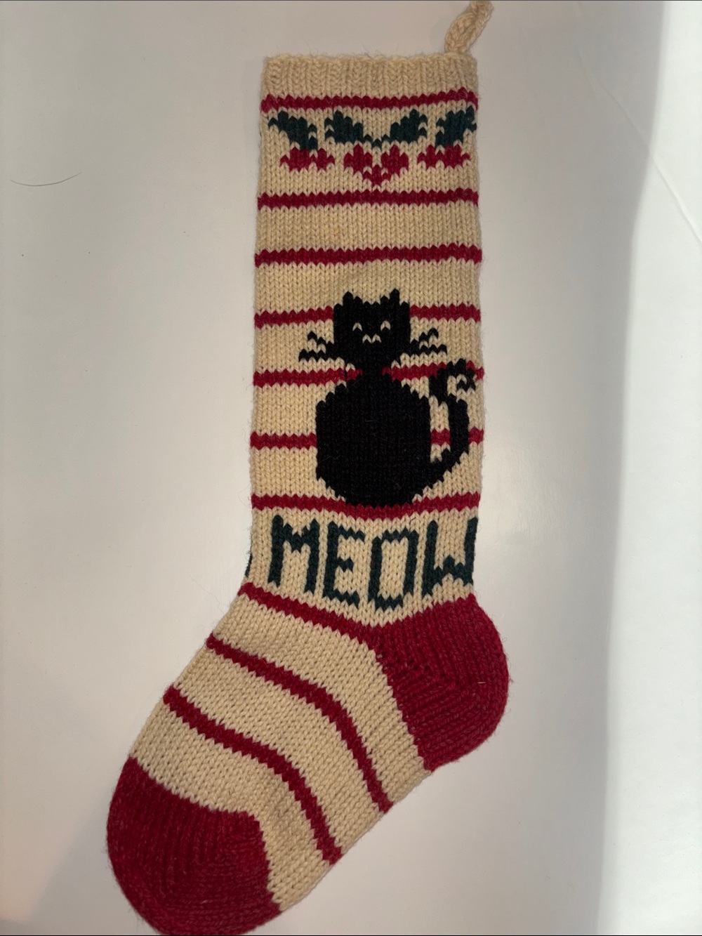 Vintage Wool Hand-Knit Cream and Red Holiday Stocking with black cat 'MEOW'